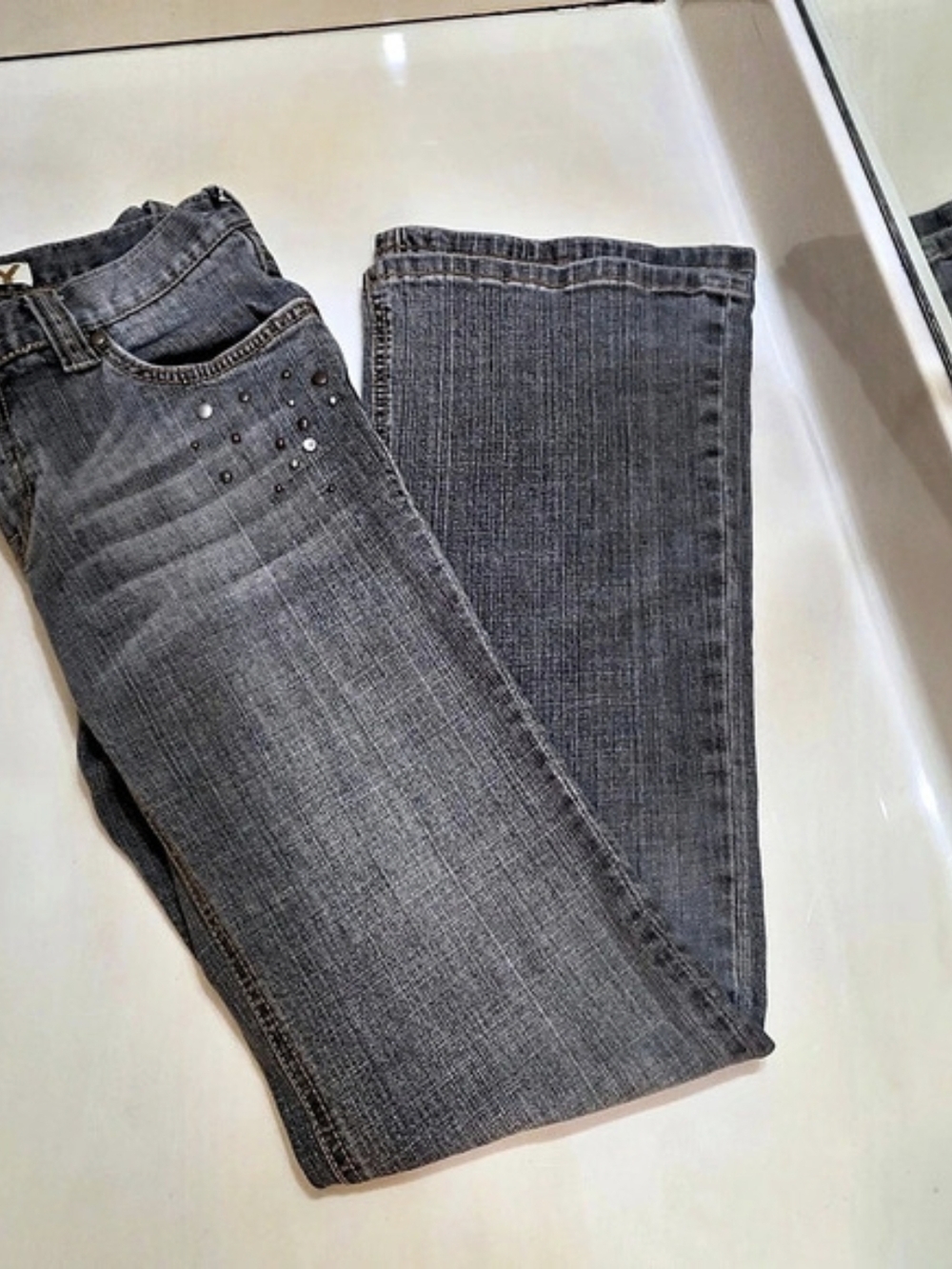 Roxy Y2K Gray Embellished Bootcut Jeans Size 3 Low Rise